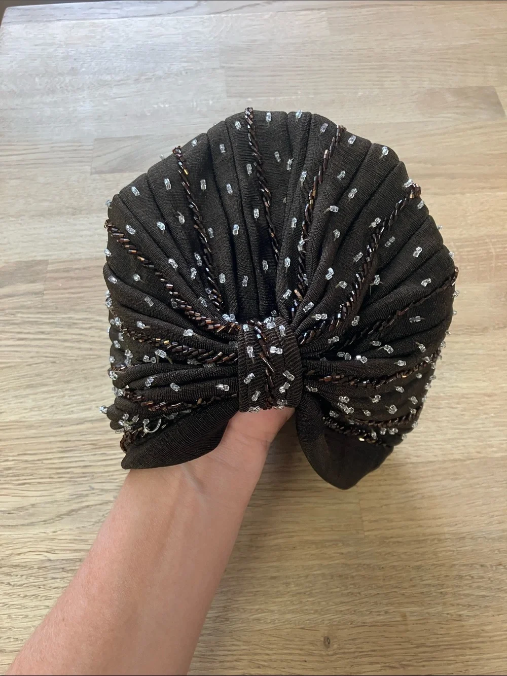 Vintage Brown Pleated Knot Turban Hat with Silver Rhinestones Accents